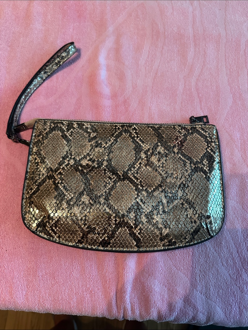 Metallic Snake-Print Wristlet Clutch in Metallic Taupe and Black